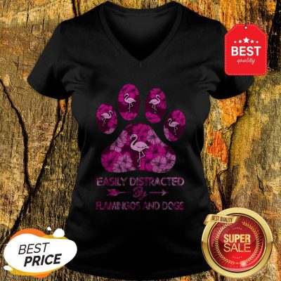 Official Easily Distracted By Flamingos And Dogs V-neck