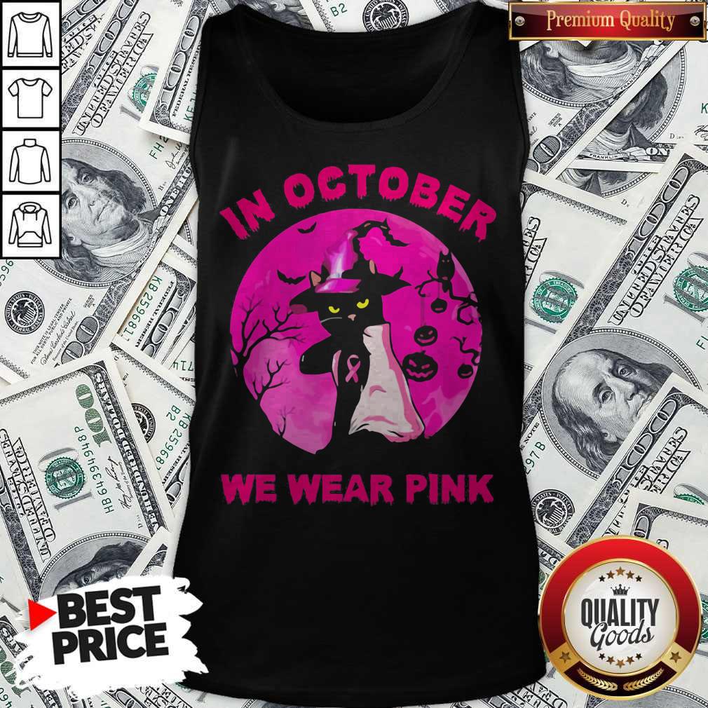 In October We Wear Pink Cat Moonlight Halloween Shirt - Image 5