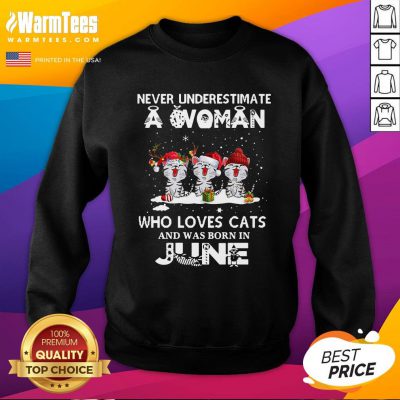 Top Never Underestimate A Woman Who Loves Cats Santa And Was Born In June Sweatshirt - Design By Warmtees.com