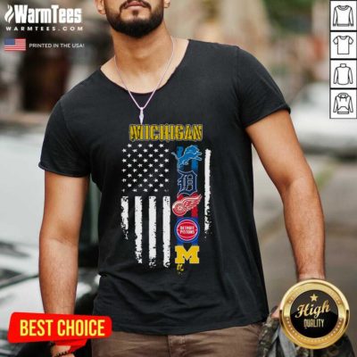 Michigan Detroit Lions Detroit Red Wings Detroit Pistons American Flag V-neck - Design By Warmtees.com