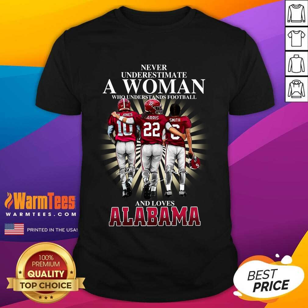Never Underestimate A Woman Who Understands Football And Loves Alabama Crimson Tide M.Jones Harris Smith Signatures Shirt
