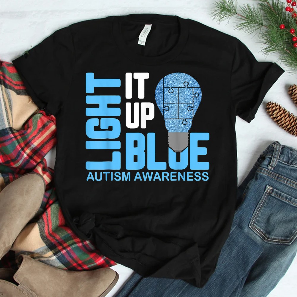 Light It Up Blue Autism Awareness Puzzle Piece Ribbon Shirt