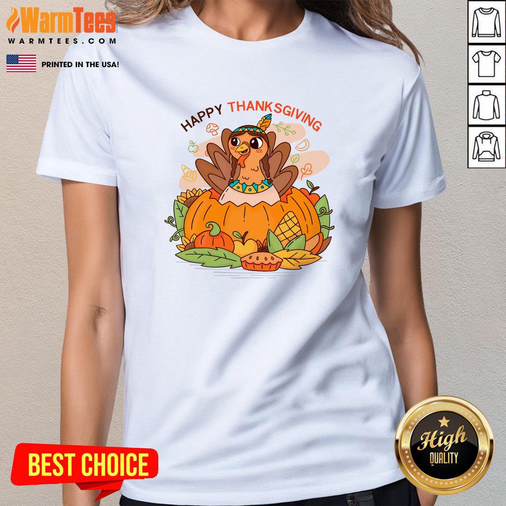 Cute Happy Thanksgiving Turkey Fall Ladies-Tee