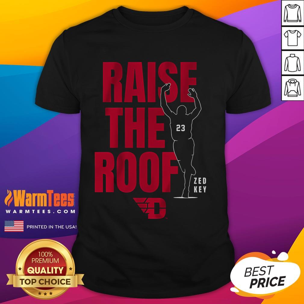 Alt Text: Awesome Dayton Basketball Raise The Roof T-Shirt featuring vibrant graphics and a sporty design for fans.