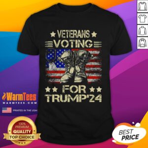 Awesome Veterans Voting For Trump 2024 USA Flag T-Shirt design featuring patriotic colors and symbols of American pride.