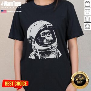 Awesome vintage space travel astronaut monkey ladies tee featuring a playful monkey in a spacesuit against a cosmic backdrop.