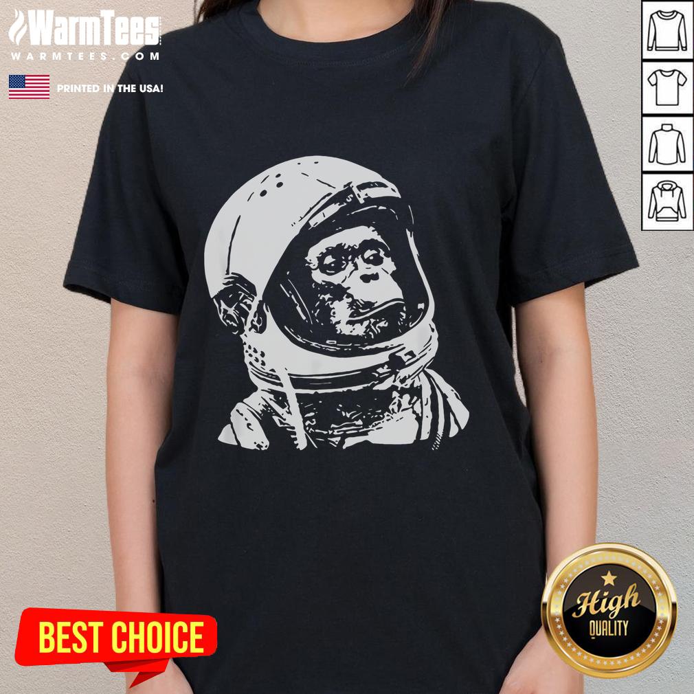 Awesome vintage space travel astronaut monkey ladies tee featuring a playful monkey in a spacesuit against a cosmic backdrop.