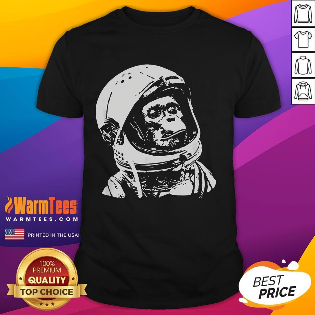 Alt Text: Awesome vintage space travel astronaut monkey t-shirt featuring a playful monkey in a space suit against a cosmic backdrop.