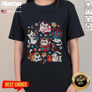 Cute Christmas Party Cat Ladies Tee featuring a playful cat design, perfect for festive gatherings and holiday cheer.
