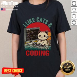 Cute coder cat lover tee for cat dads, featuring playful graphics and text about loving cats and coding.