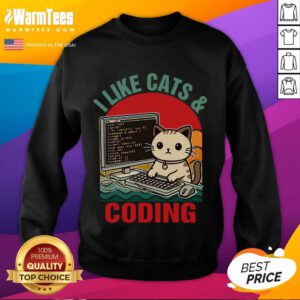 Alt Text: Cozy sweatshirt for cat lovers and coders, featuring 'I Like Cats and Coding' design, perfect for cat dads.