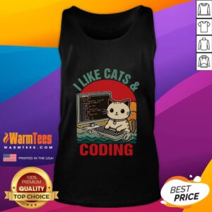 Cute coder programmer wearing a tank top that says I like cats and coding, perfect for cat lovers and cat dads.