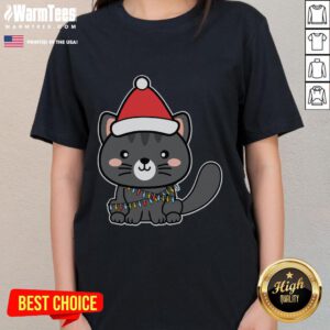 Cute Santa cat wearing Christmas lights on a ladies tee, perfect for festive holiday celebrations.