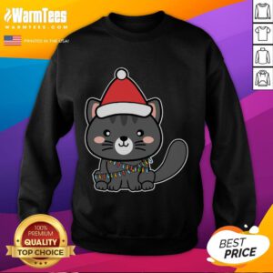 Adorable Santa cat in a festive sweatshirt adorned with Christmas lights, perfect for holiday spirit.