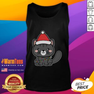 Cute Santa cat wearing Christmas lights tank top, perfect for festive holiday spirit and pet lovers.