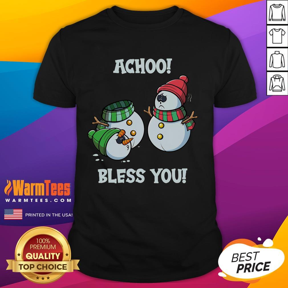 Funny Christmas Snowman Achoo Bless You T-Shirt featuring a cheerful snowman sneezing with festive designs.