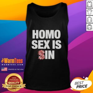 Cheerful person wearing a funny tank top celebrating homoerotic themes, radiating positivity and humor.