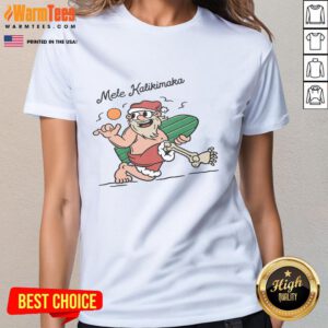 Alt Text: Funny Mele Kalikimaka Santa surfing design on a ladies tee, perfect for holiday beach celebrations.