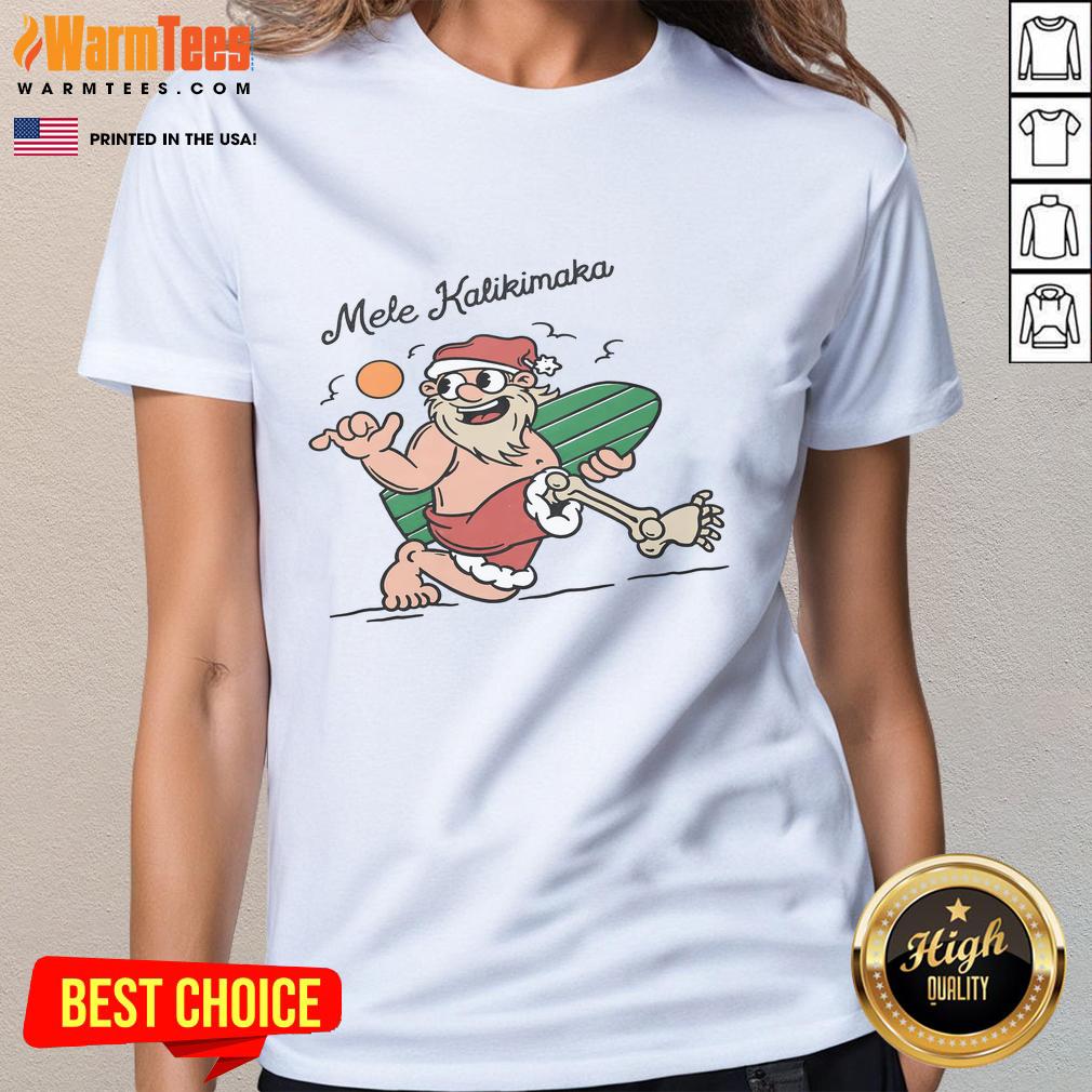 Alt Text: Funny Mele Kalikimaka Santa surfing design on a ladies tee, perfect for holiday beach celebrations.