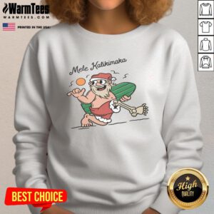 Alt Text: Santa surfing in a tropical setting on a Funny Mele Kalikimaka sweatshirt, blending holiday cheer with beach vibes.
