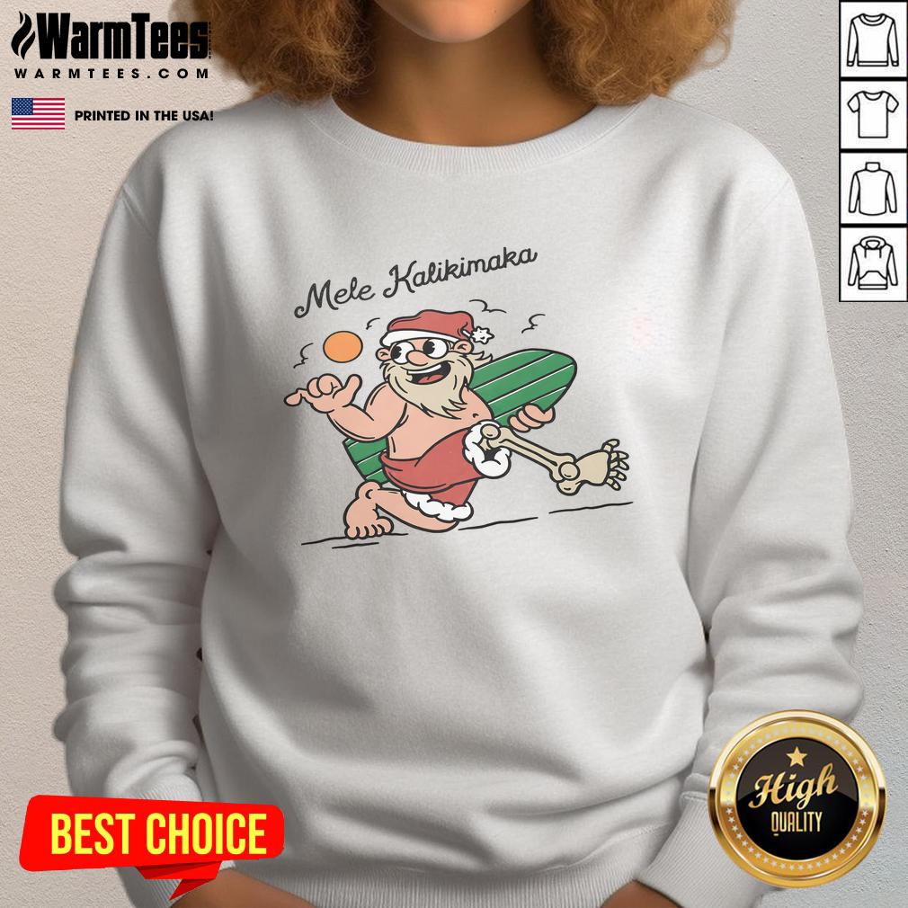 Alt Text: Santa surfing in a tropical setting on a Funny Mele Kalikimaka sweatshirt, blending holiday cheer with beach vibes.