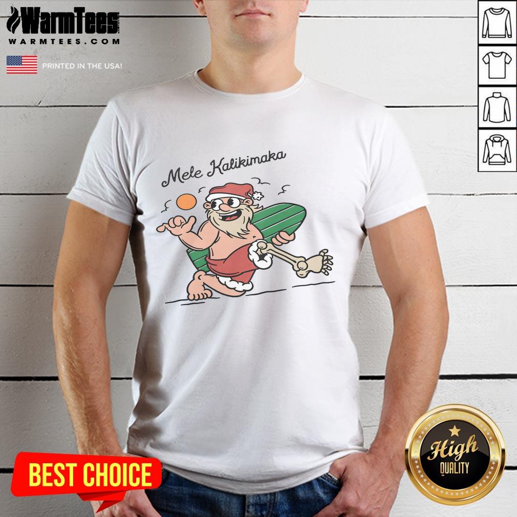 Alt Text: Funny Mele Kalikimaka Santa surfing on a wave, wearing sunglasses, perfect for festive beachwear T-shirt.