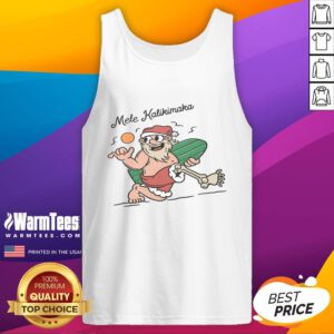 Funny Mele Kalikimaka Santa surfing tank top featuring a cheerful Santa on a surfboard, perfect for holiday beachwear.