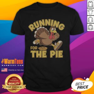 Funny Running For The Pie Turkey Thanksgiving Race Day T-Shirt featuring a playful turkey graphic and festive colors.
