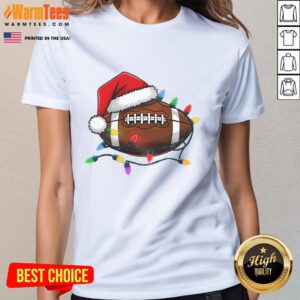 Christmas football player wearing a Santa hat on a festive ladies tee, perfect for holiday sports fun.