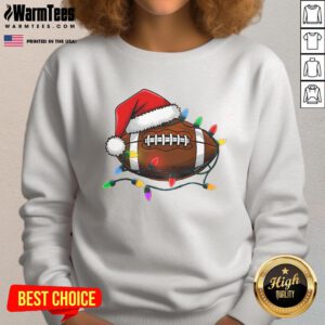 Alt Text: Christmas football player sweatshirt featuring a festive football with a Santa hat for holiday cheer.