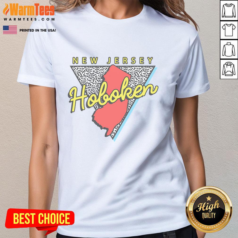 Retro triangle design ladies tee featuring 'Good Hoboken New Jersey' text, perfect for casual style in NJ.