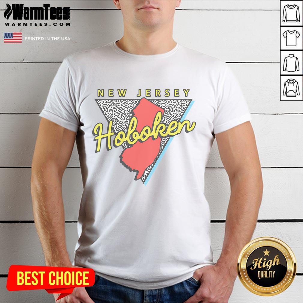 Good Hoboken New Jersey retro triangle t-shirt design showcasing Hoboken's iconic skyline and vibrant city spirit.