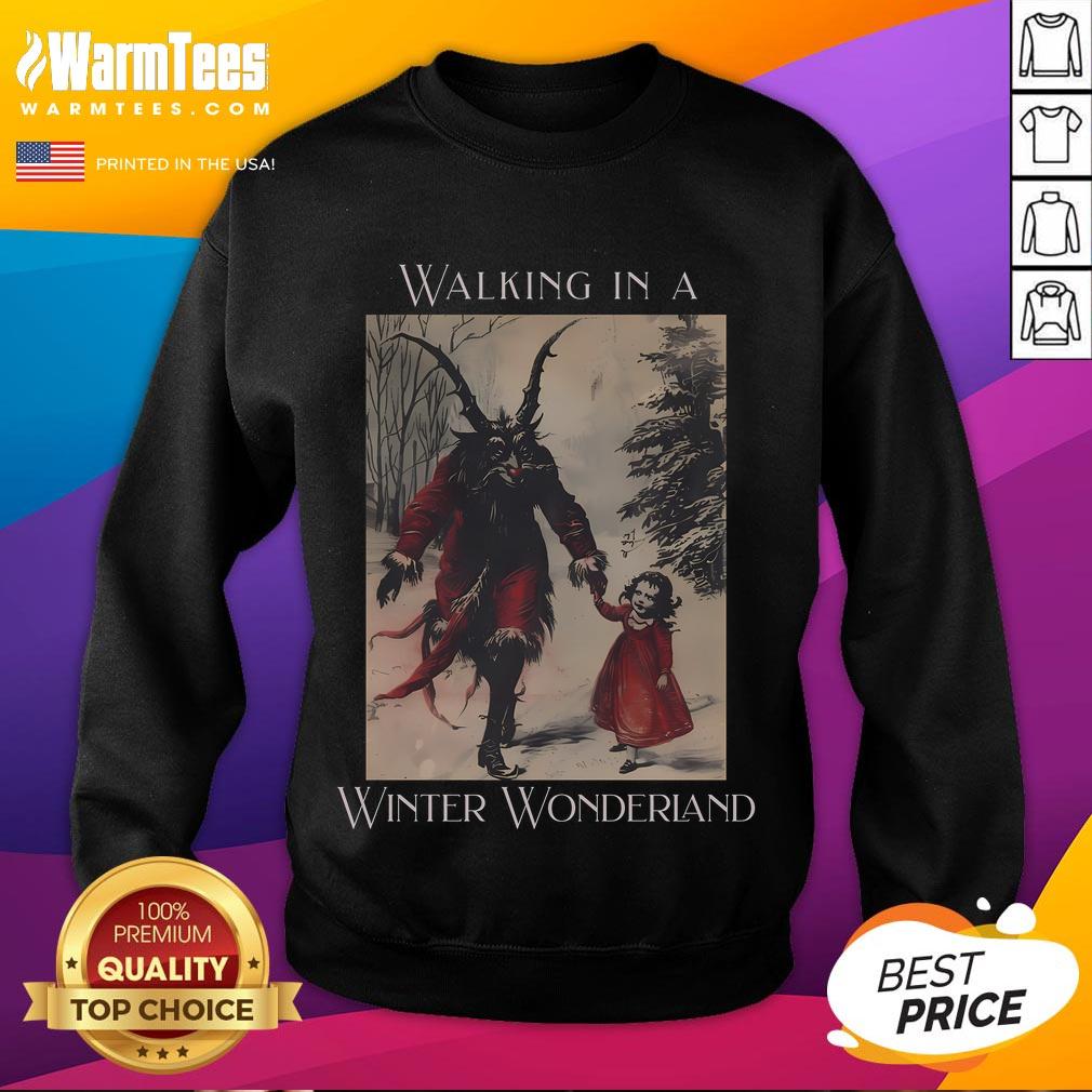 Alt Text: Good Krampus walking in a winter wonderland wearing a festive Christmas sweatshirt, perfect for holiday celebrations.