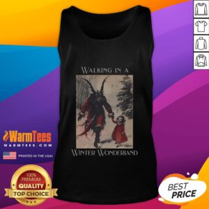 Good Krampus walking in a winter wonderland wearing a festive Christmas tank top, perfect for holiday spirit.