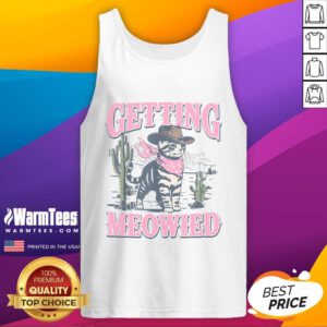 Cat bride wearing 'Good Meowdy' tank top at bachelorette party, celebrating with a fun cowgirl theme.