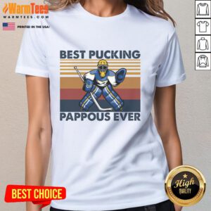Funny hockey grandpa saying on a ladies tee: 'Awesome Best Pucking Pappous Ever' design for proud grandfathers.