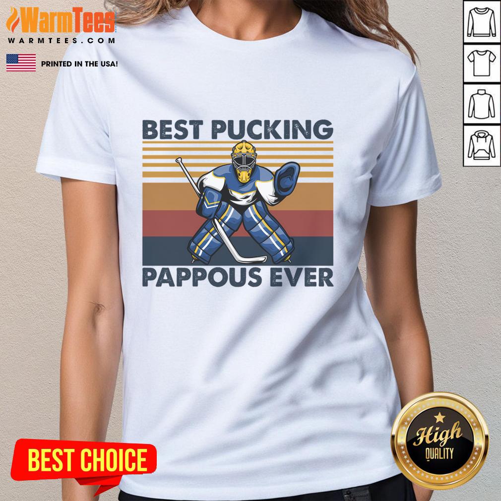 Funny hockey grandpa saying on a ladies tee: 'Awesome Best Pucking Pappous Ever' design for proud grandfathers.