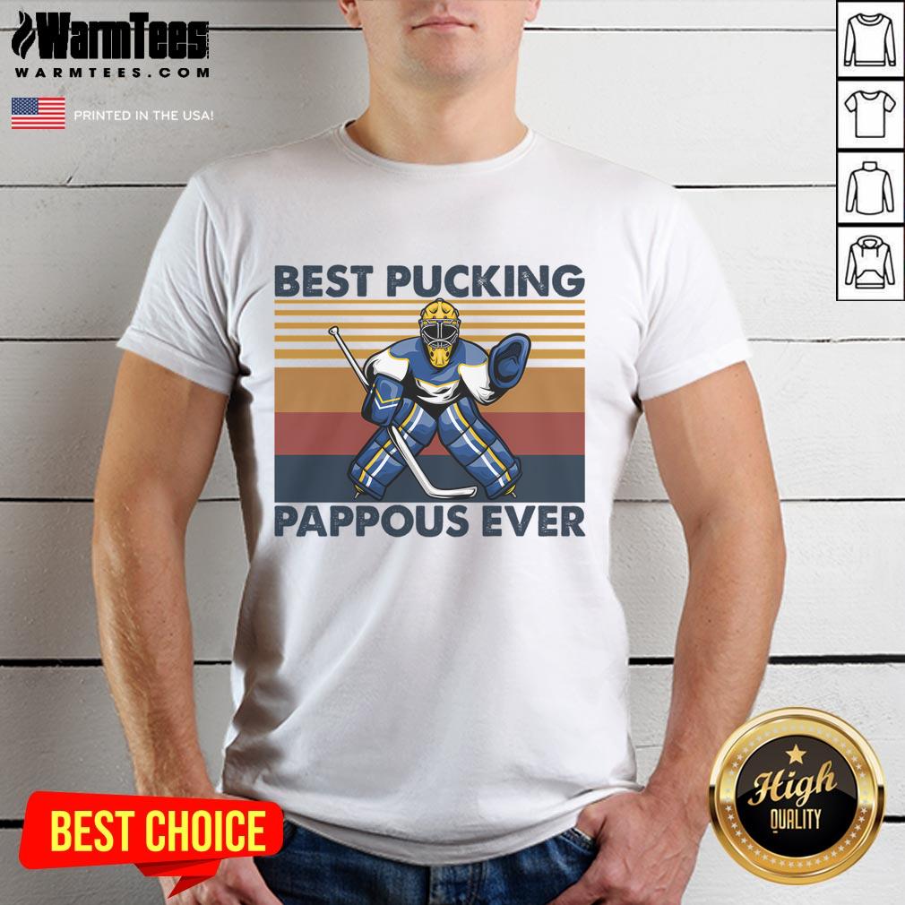 Funny hockey grandpa t-shirt featuring 'Awesome Best Pucking Pappous Ever' saying, perfect for proud grandpas.