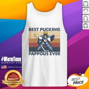 Funny hockey grandpa tank top with 'Best Pucking Pappous Ever' saying, perfect gift for sports-loving grandfathers.