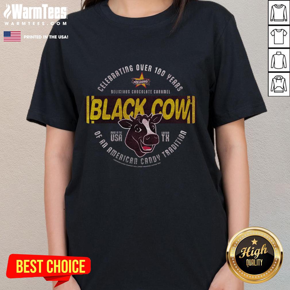 Awesome Black Cow Ladies Tee featuring delicious chocolate caramel design, perfect for chocolate lovers in America.