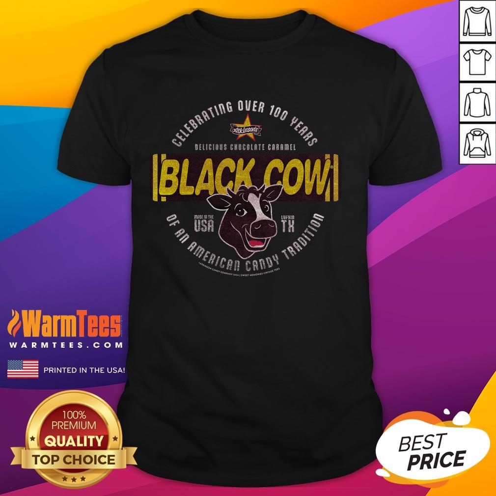 Awesome Black Cow t-shirt featuring delicious chocolate caramel design, perfect for chocolate lovers in America.