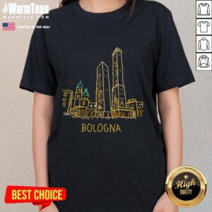 Unique hand-drawn art ladies tee featuring Bologna, Italy, showcasing vibrant designs and cultural elements.