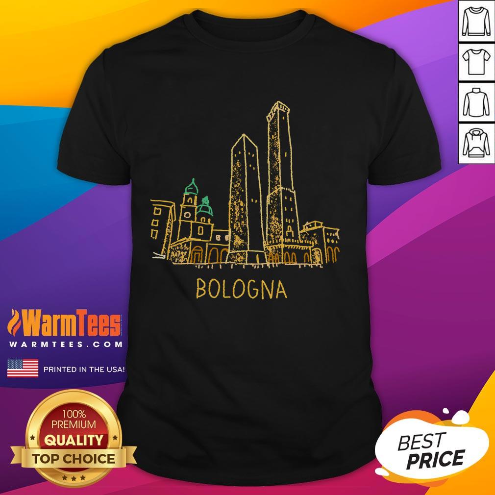 Awesome Bologna Italy unique hand-drawn art T-shirt featuring vibrant designs and cultural elements of Bologna.