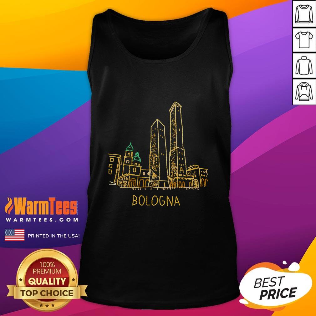 Unique hand-drawn art tank top featuring a vibrant Bologna, Italy design, perfect for art lovers and travel enthusiasts.