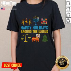Multicultural ladies in 'Awesome Happy Holidays Around The World' tee, celebrating diverse holiday traditions together.