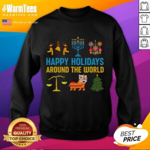 Multicultural sweatshirt featuring 'Awesome Happy Holidays Around The World' design, celebrating global holiday traditions.