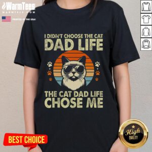 Vintage sunset ladies tee featuring 'I Didn't Choose The Cat Dad Life, The Cat Dad Life Chose Me' slogan.