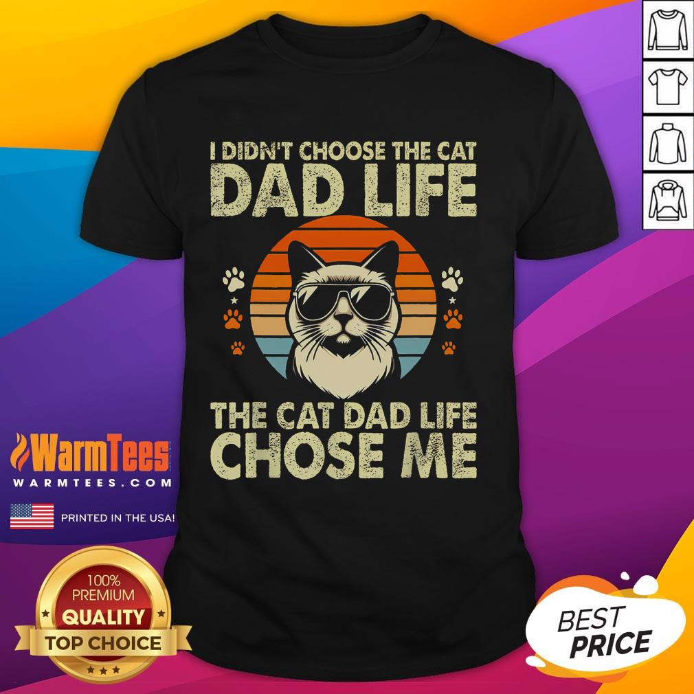 Awesome vintage sunset t-shirt featuring 'I Didn't Choose The Cat Dad Life, The Cat Dad Life Chose Me' design.
