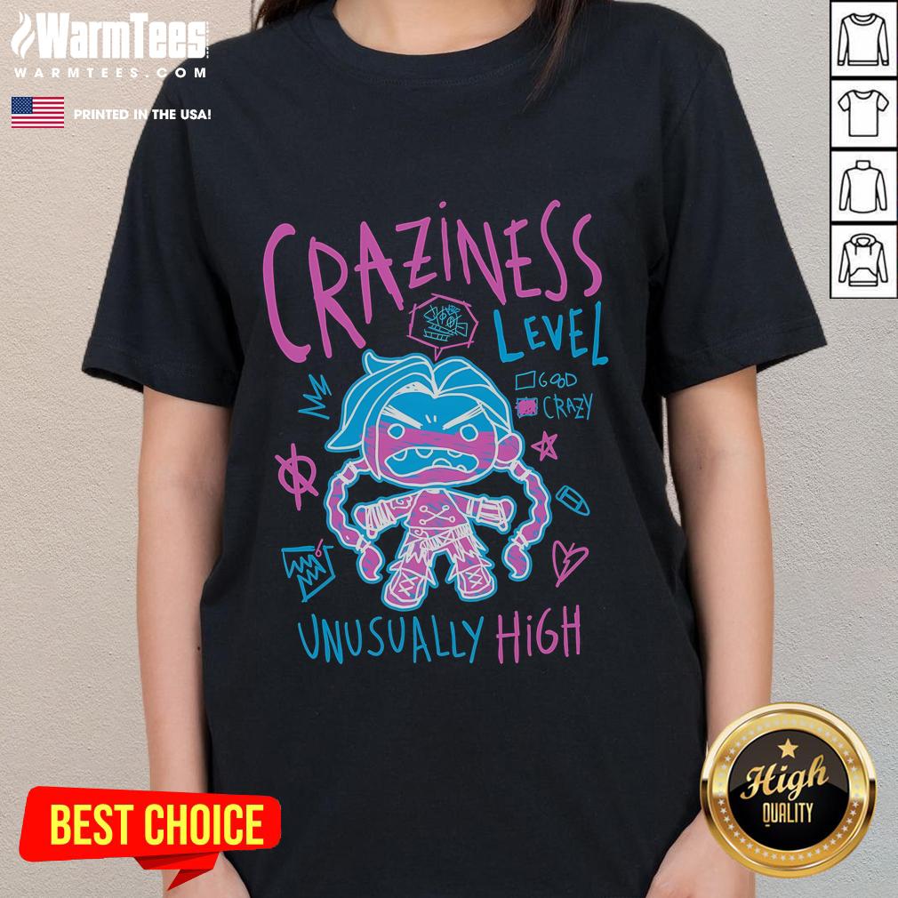Awesome Jinx Craziness Level League of Legends Ladies Tee featuring vibrant graphics and comfy design for gamers.