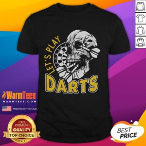 Awesome Let's Play Darts skull design on dartboard T-shirt, perfect for dart players and enthusiasts.